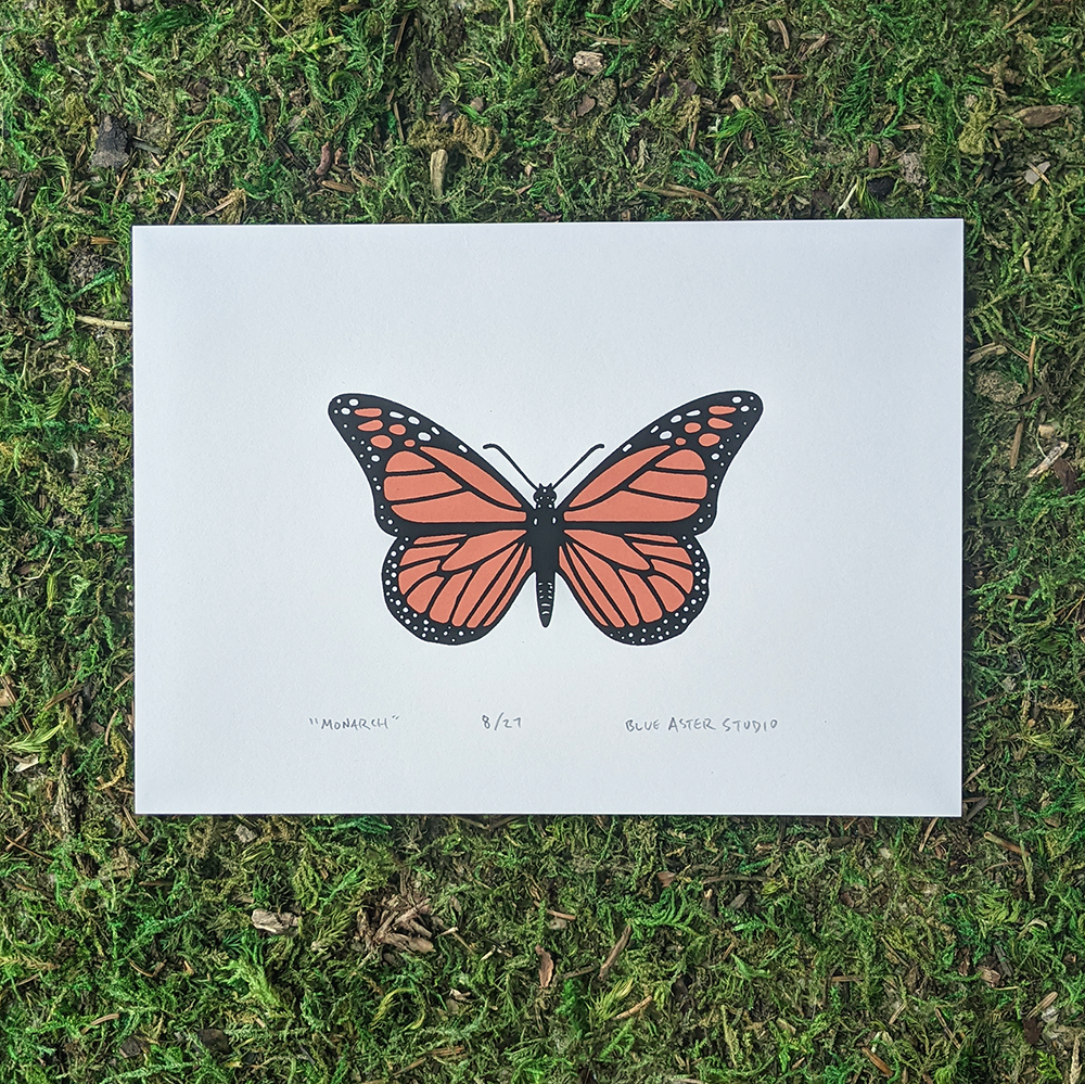 A two color monarch butterfly screen print by Blue Aster Studio