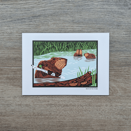 An art print of an illustration of three beavers in a wetland habitat.