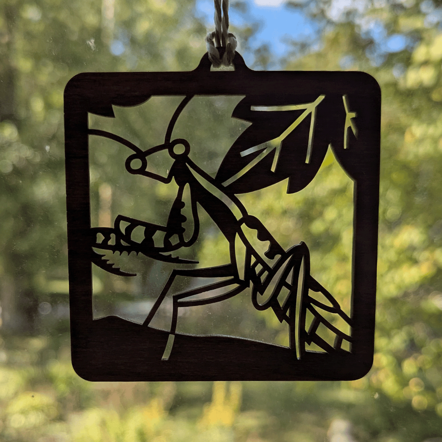 A square wooden ornament of a praying mantis in front of a window.