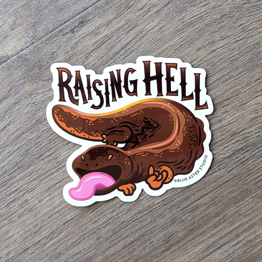 A vinyl sticker of an illustrated hellbender and the text Raising Hell.