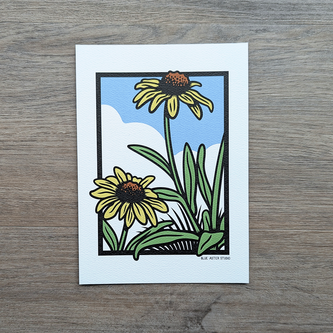 A printed illustration of yellow rudbeckia flowers
