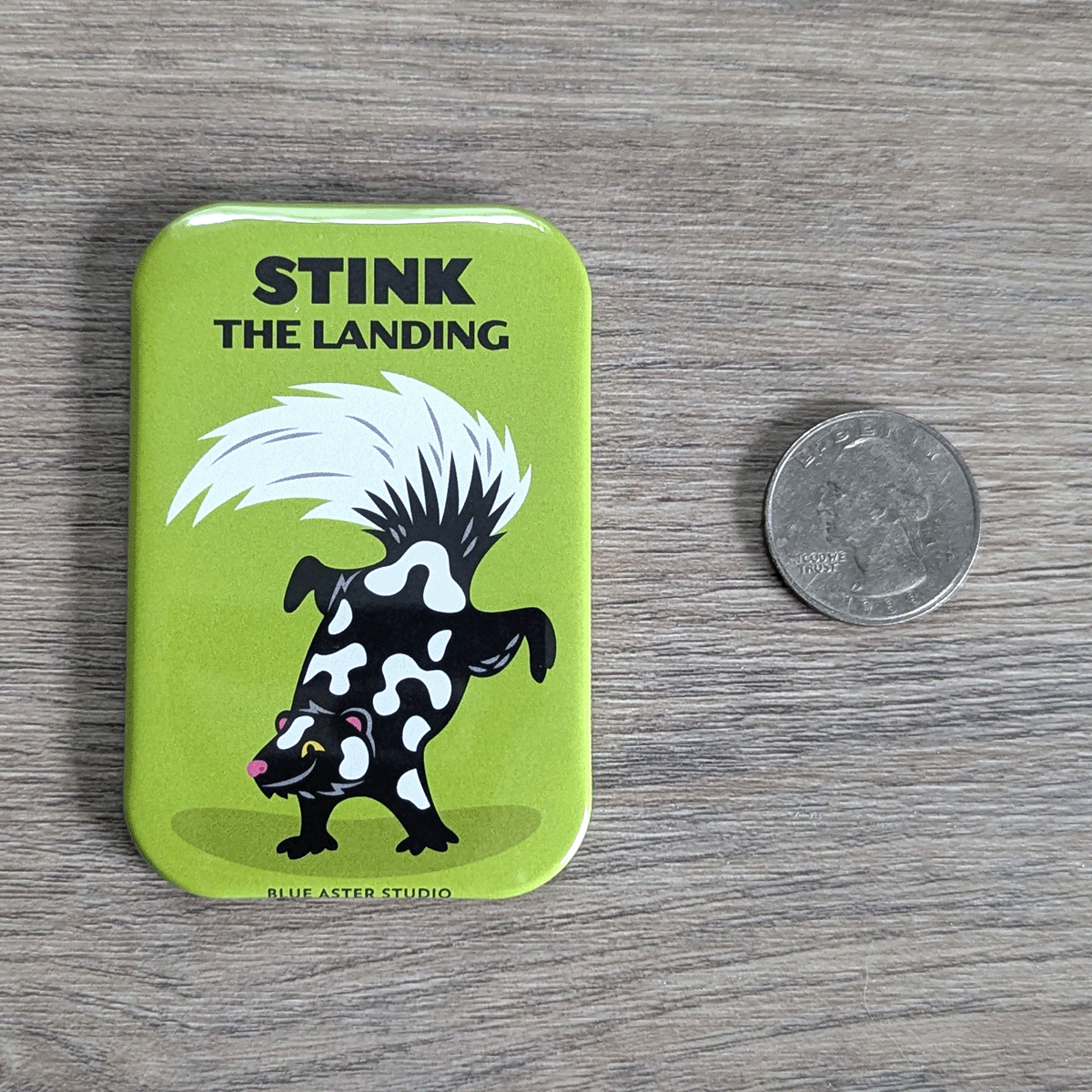 The spotted skunk magnet with a USD quarter to show scale.