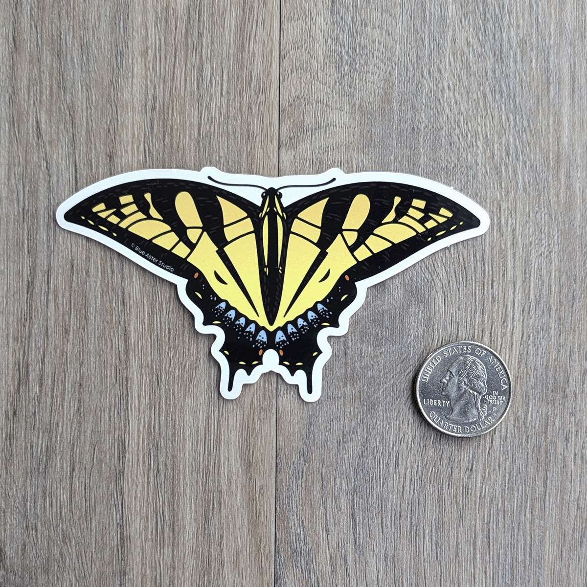 The tiger swallowtail sticker with a USD quarter coin for scale.