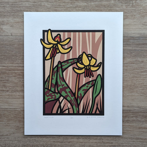 Screen printed illustration of two yellow trout lilies.