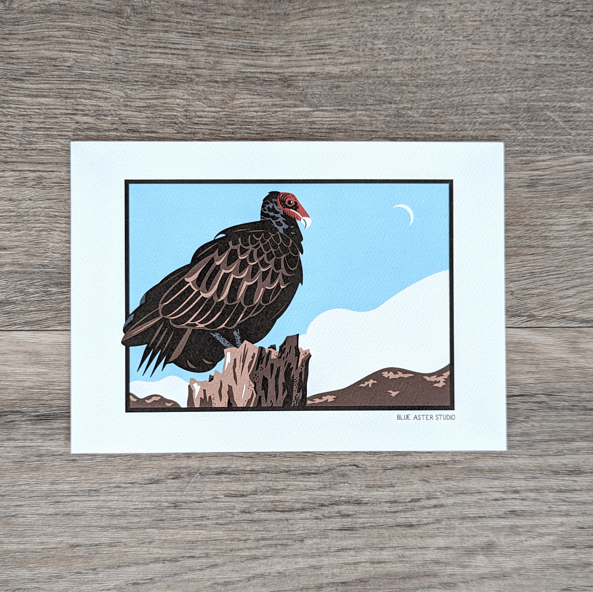 An art print of an illustration of a turkey vulture perched on a snag.
