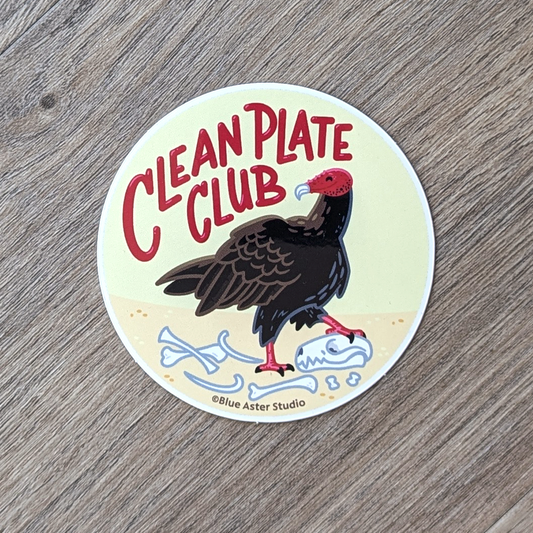 A three inch round vinyl sticker of a turkey vulture featuring the words Clean Plate Club.