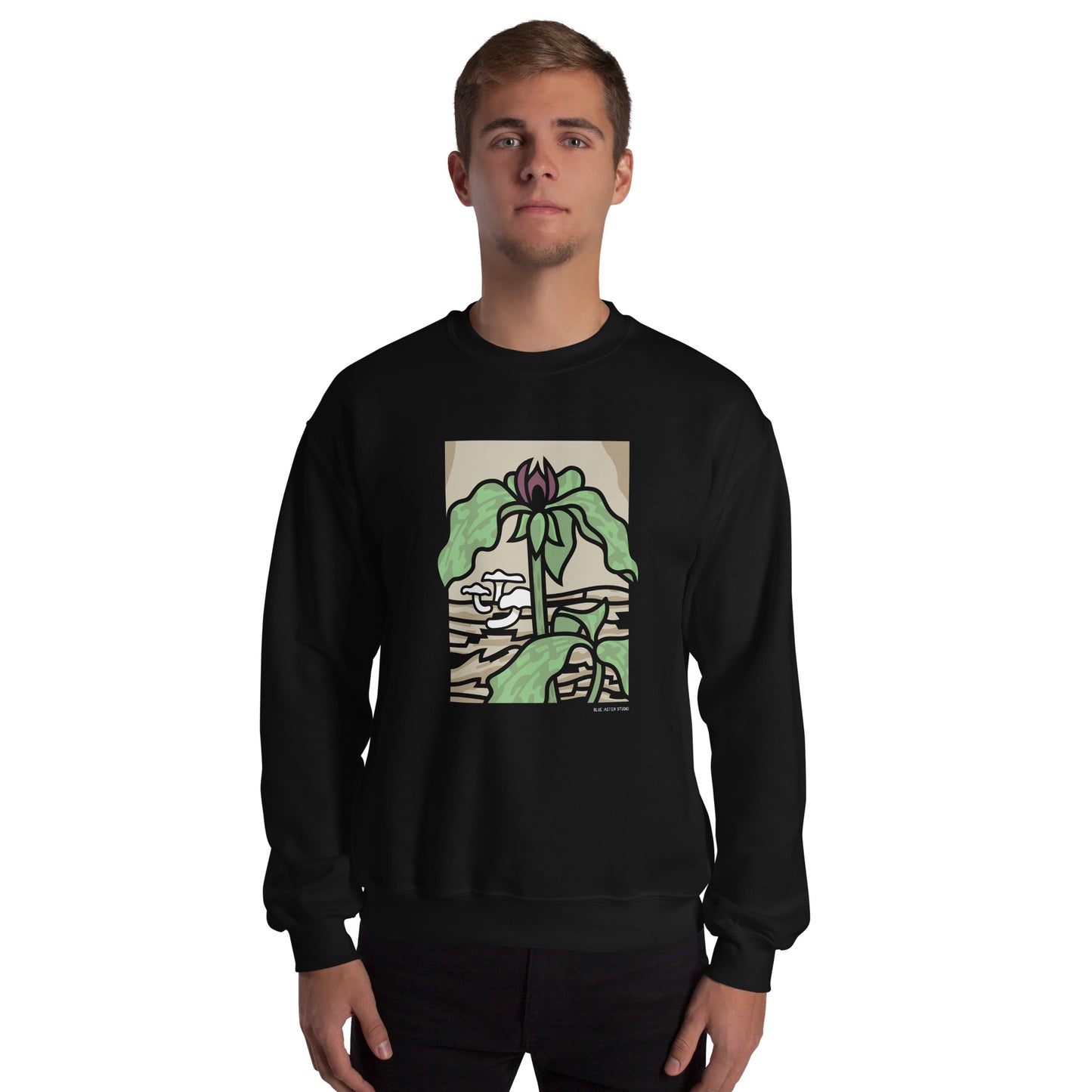 A man wearing the unisex prairie trillium sweatshirt.