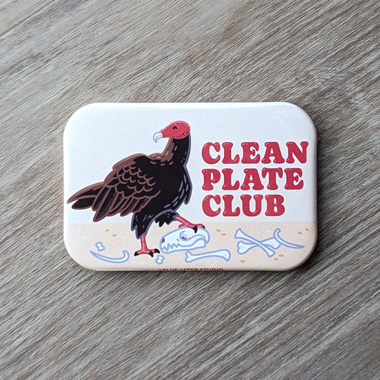 A rounded rectangle magnet with an illustrated vulture and the phrase Clean Plate Club