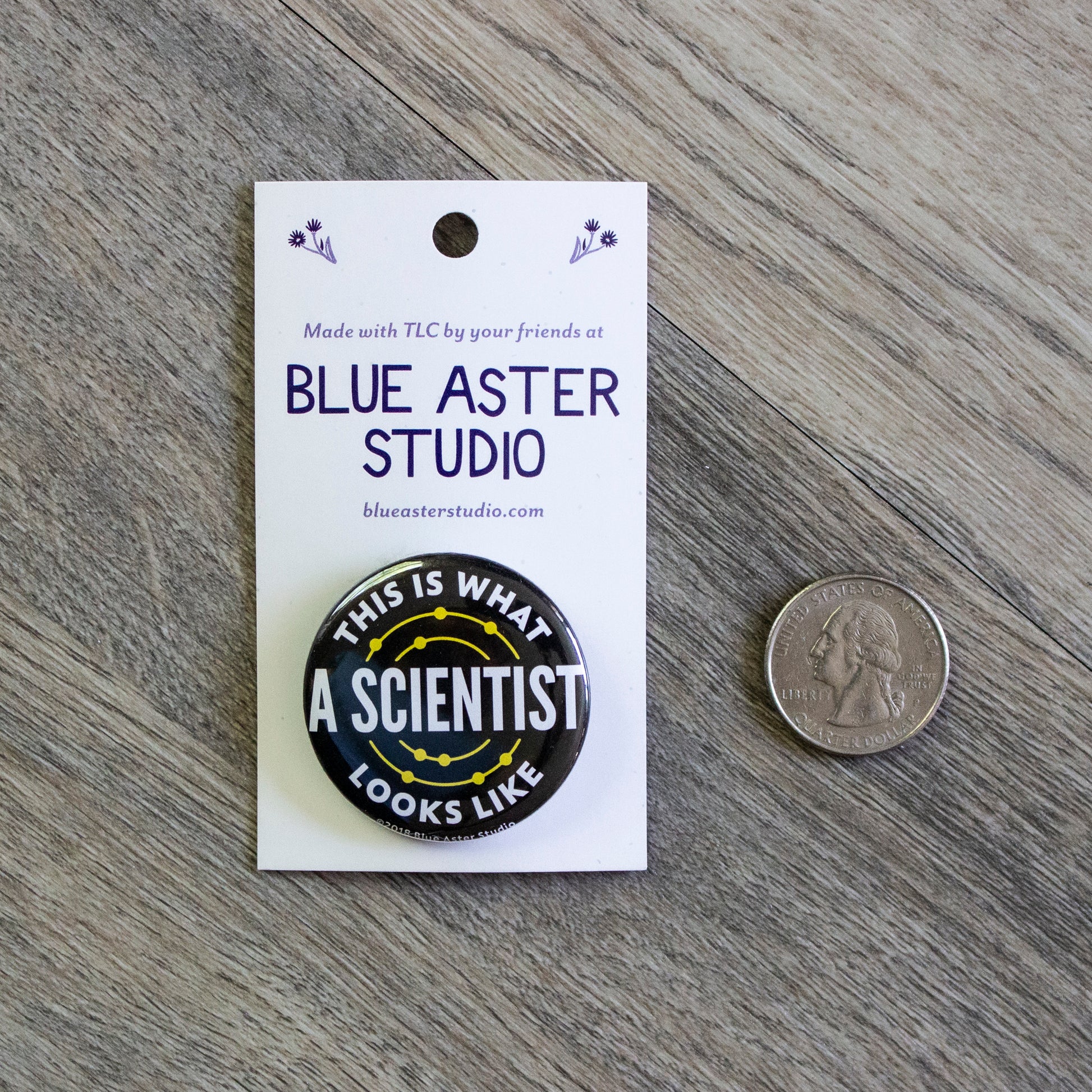 The black This Is What A Scientist Looks Like button sitting next to a USD quarter to show the scale.