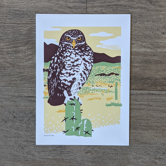 An art print of a burrowing owl perched on a cactus in the desert.
