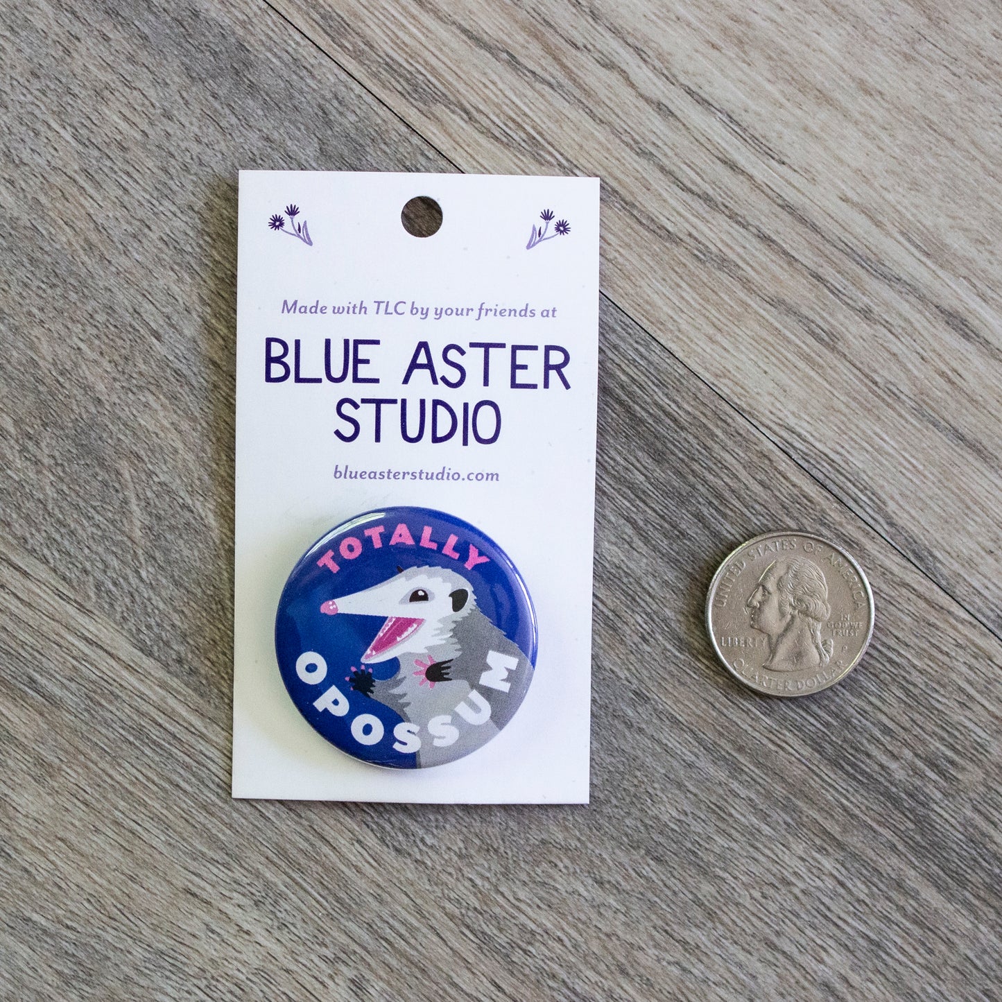 The opossum button sitting next to a USD quarter for scale.