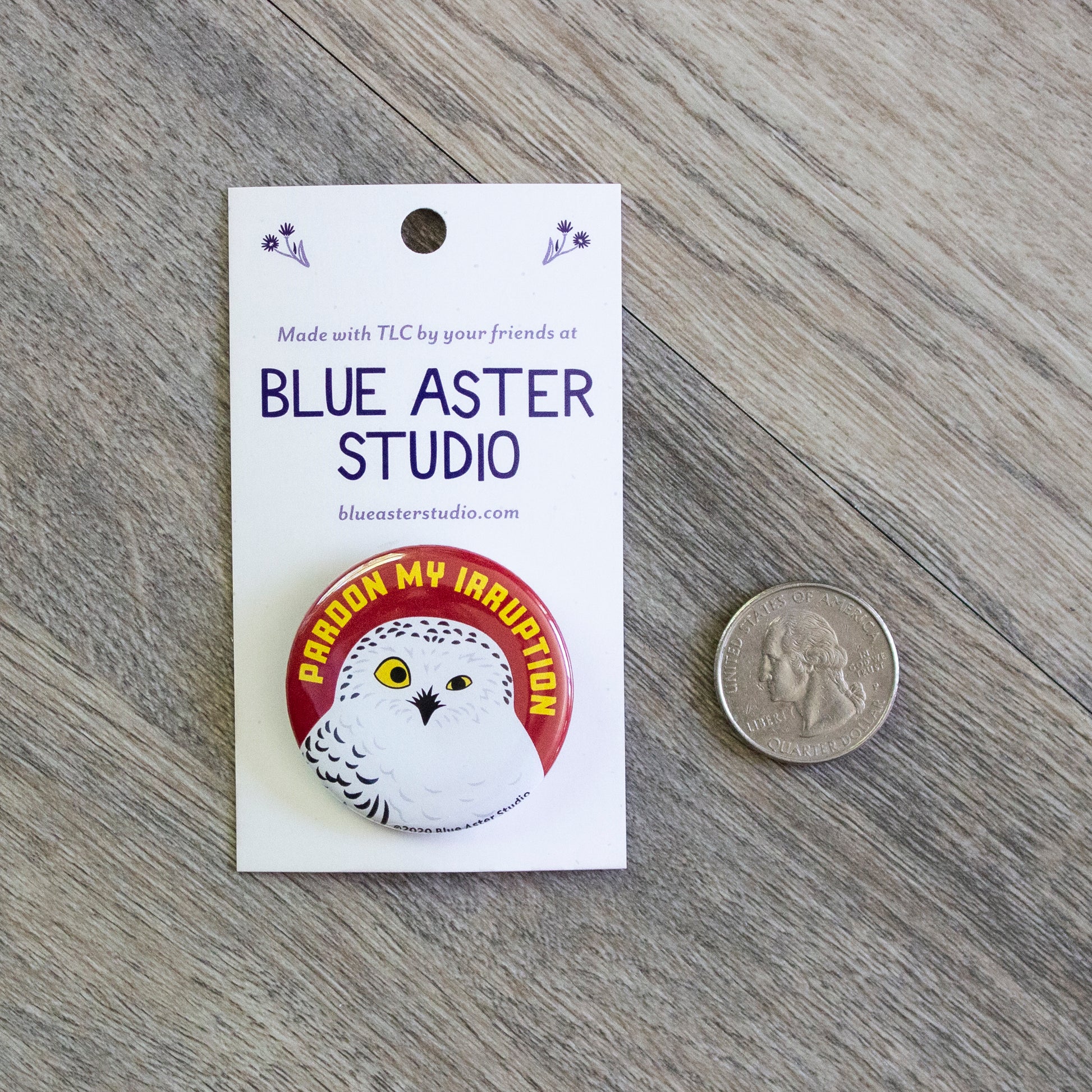The snowy owl irruption button sitting next to a USD quarter to show scale.