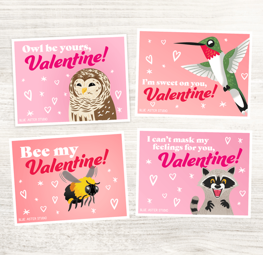 A set of four illustrated Valentine's day cards to spread the love of wildlife. Animals featured include a hummingbird, raccoon, barred owl, and bumblebee.