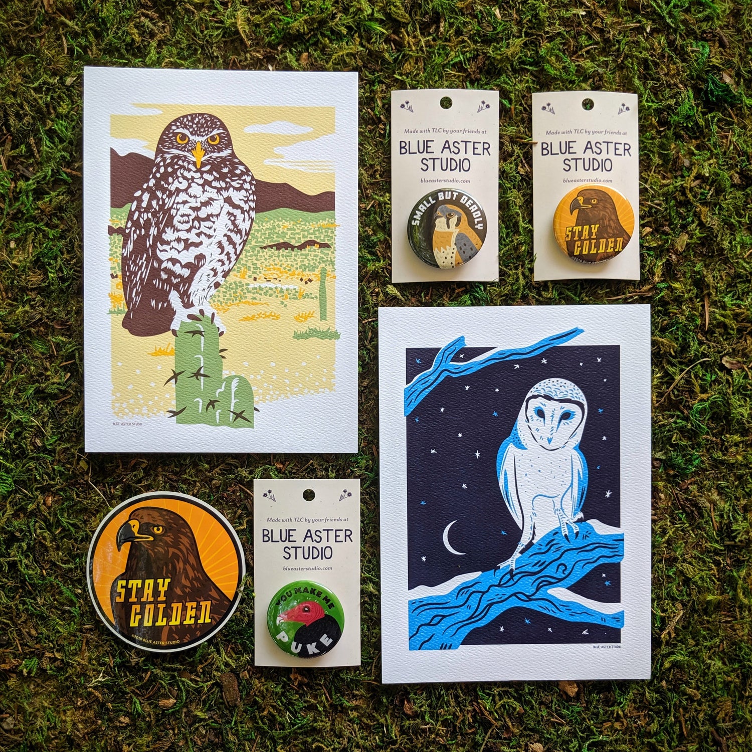 A collection of bird of prey themed products including a burrowing owl print, a barn owl print, an American kestrel button, a golden eagle button, a turkey vulture button, and a golden eagle sticker.