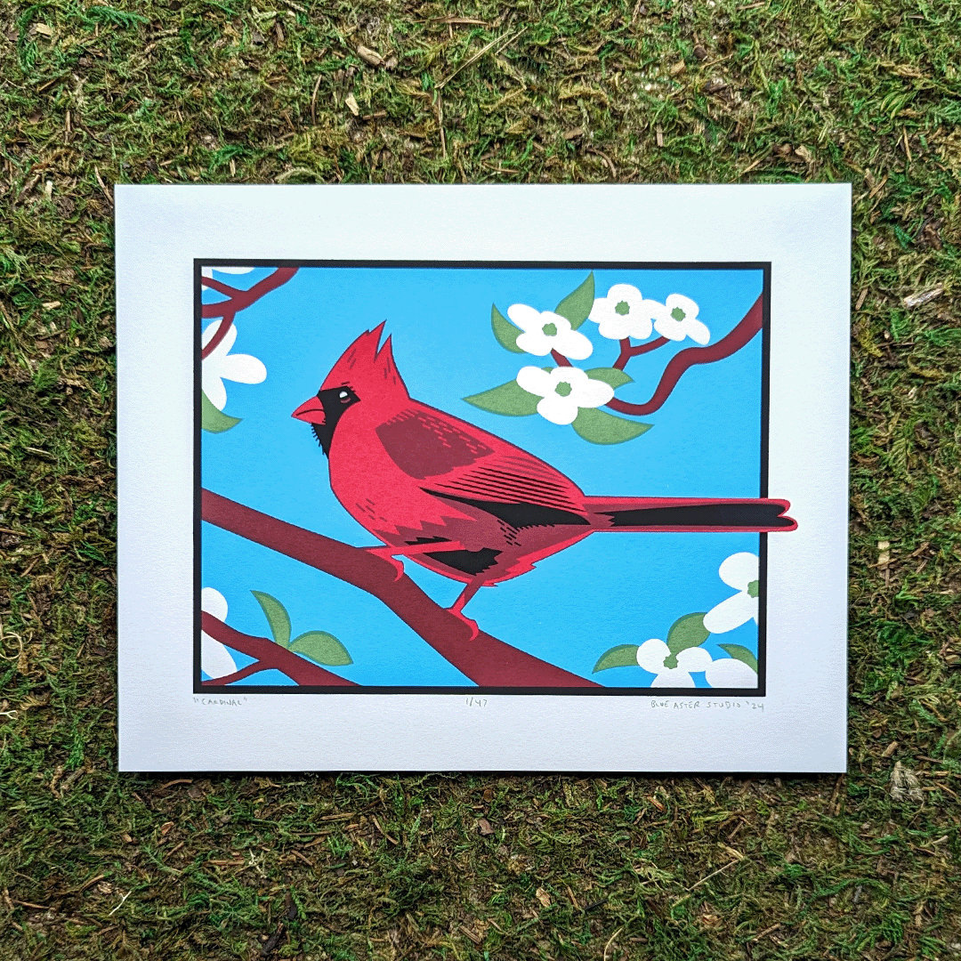 Screen printed illustration of a red male northern cardinal perched on a flowering dogwood branch