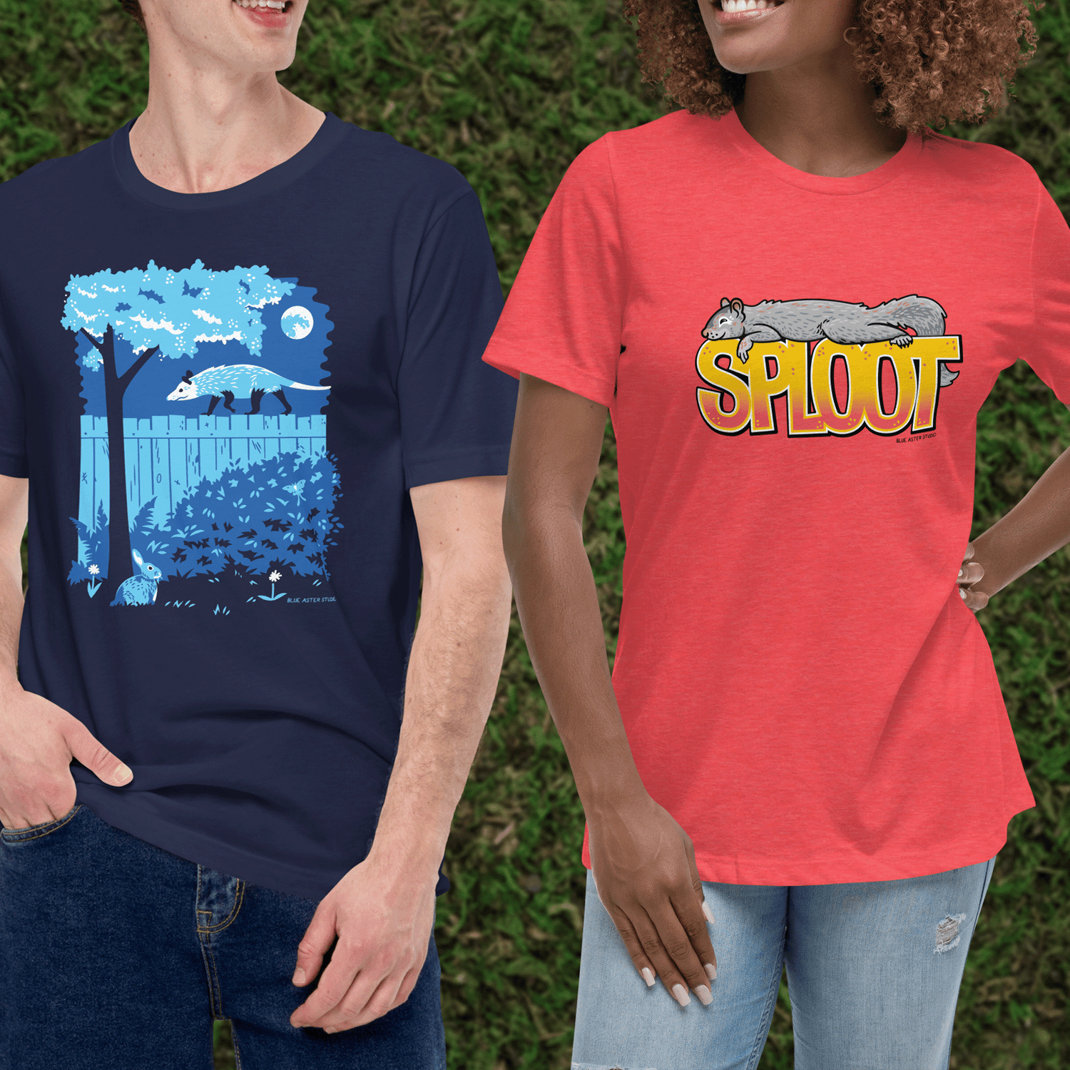 Composite image of two models wearing Blue Aster Studio t-shirts; one is a backyard illustration with opossum, luna moth, and rabbit. The other is the word "sploot" with a squirrel reclining on top of it.
