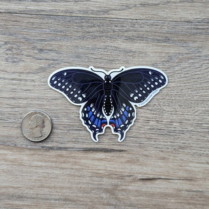 A vinyl sticker of a black swallowtail butterfly sitting next to a USD quarter to show scale.