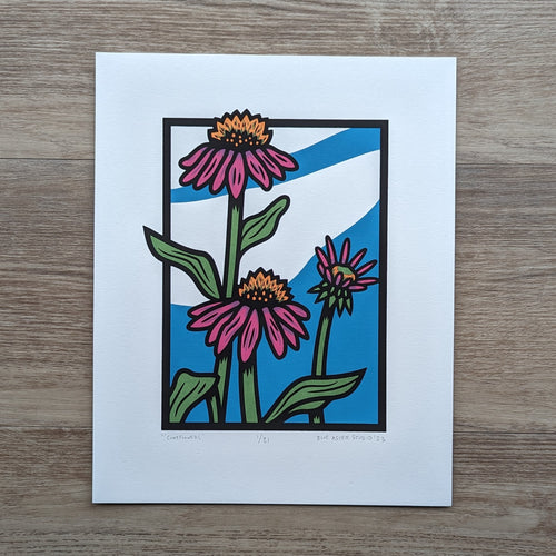 Screen printed illustration of purple three purple coneflowers against an abstract blue and white sky background.