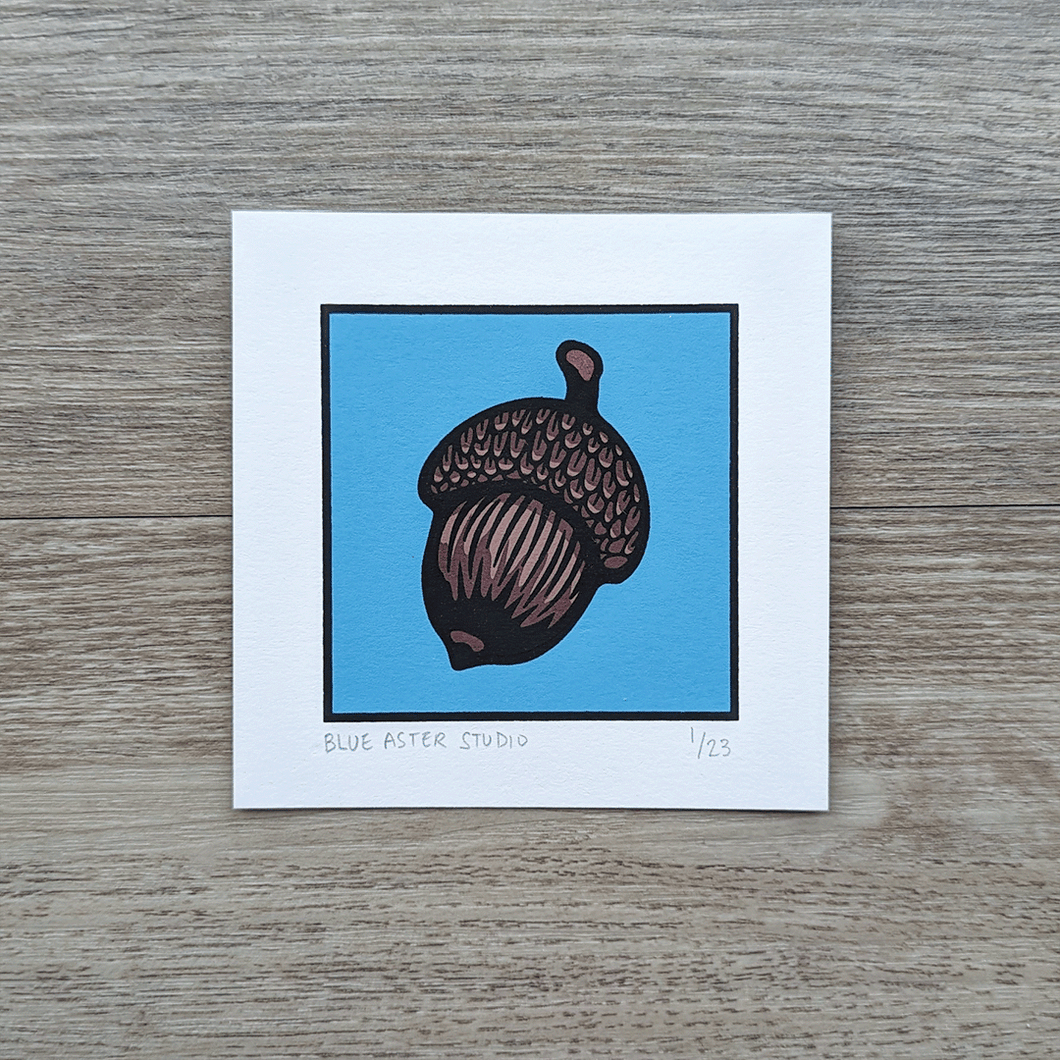 A limited edition screen print of an illustration of an acorn