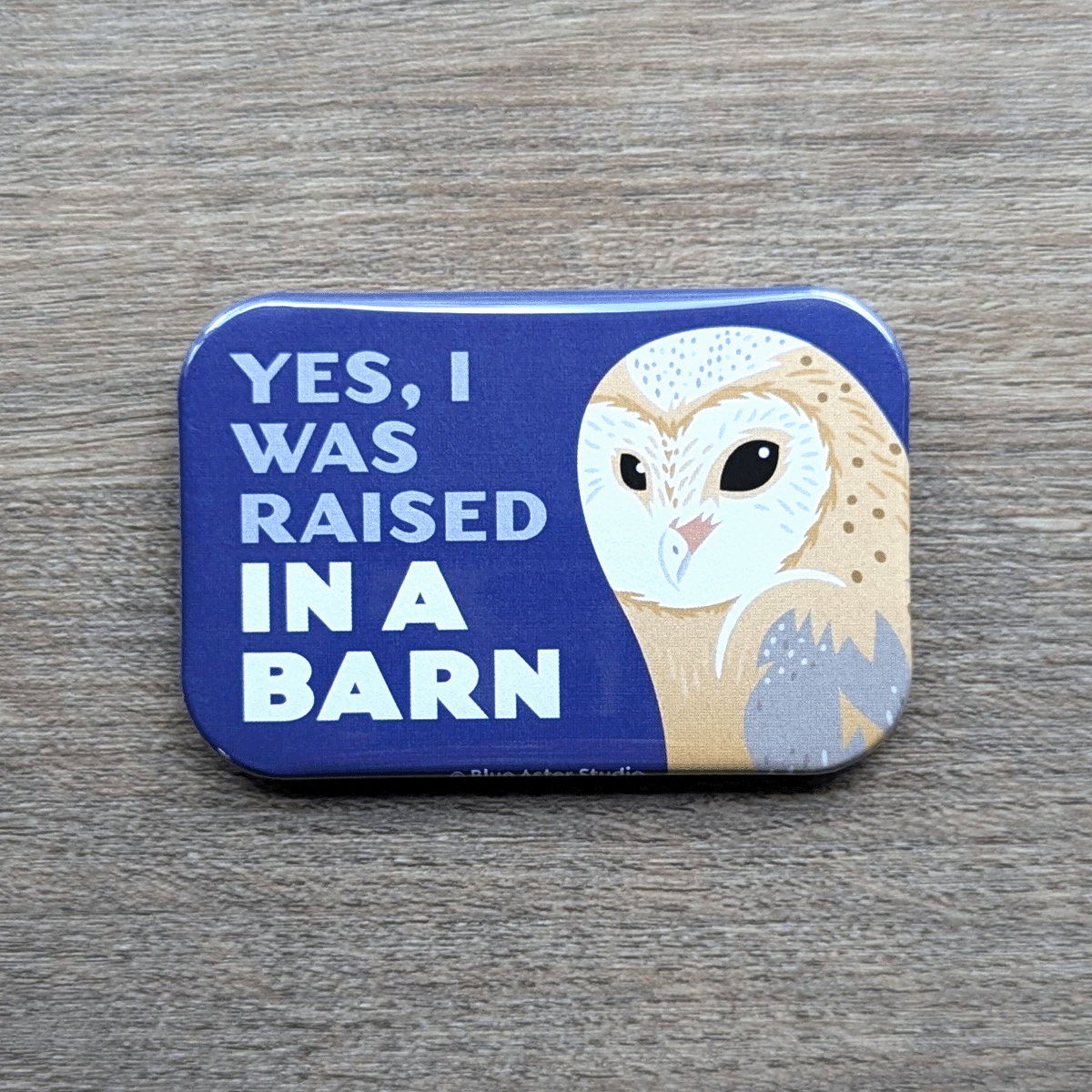 A 2 inch by 3 inch refrigerator magnet which features an illustration of a barn owl and the words Yes, I Was Raised In A Barn