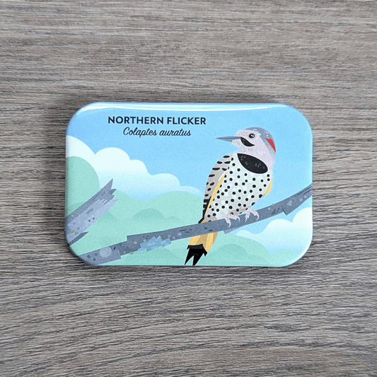 A rectangular magnet with rounded corners illustrated with a yellow, tan, and gray woodpecker with yellow and red accents and a black spotted belly.