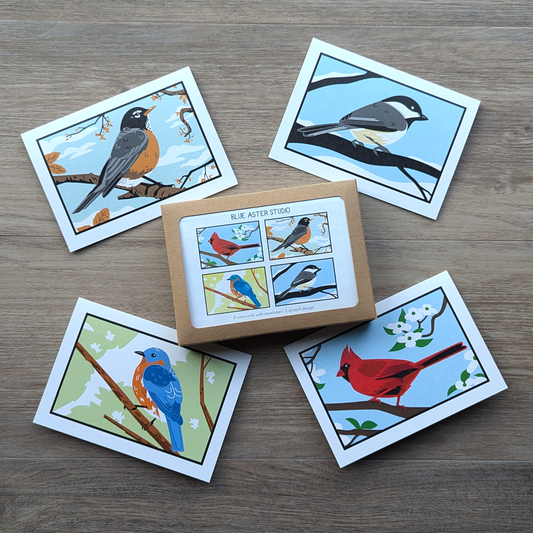 A bird stationery set that includes eight cards with a robin, chickadee, bluebird, and cardinal design.