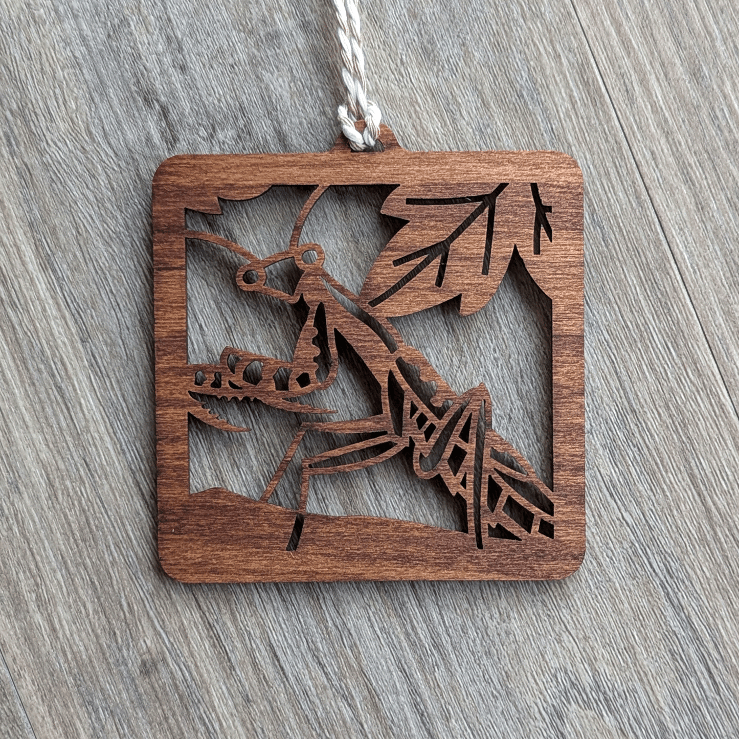 A square brown wooden ornament of a Carolina mantis.