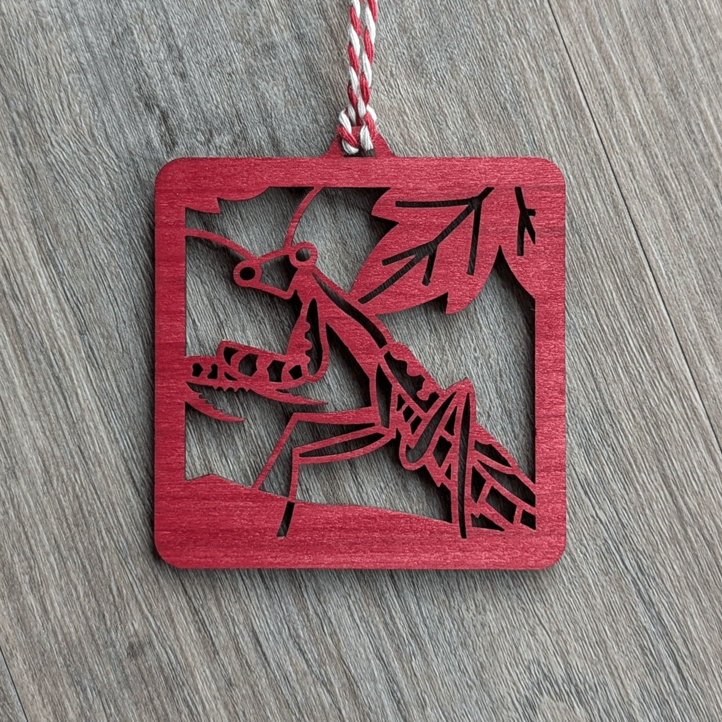 A square red wooden ornament of a Carolina mantis.