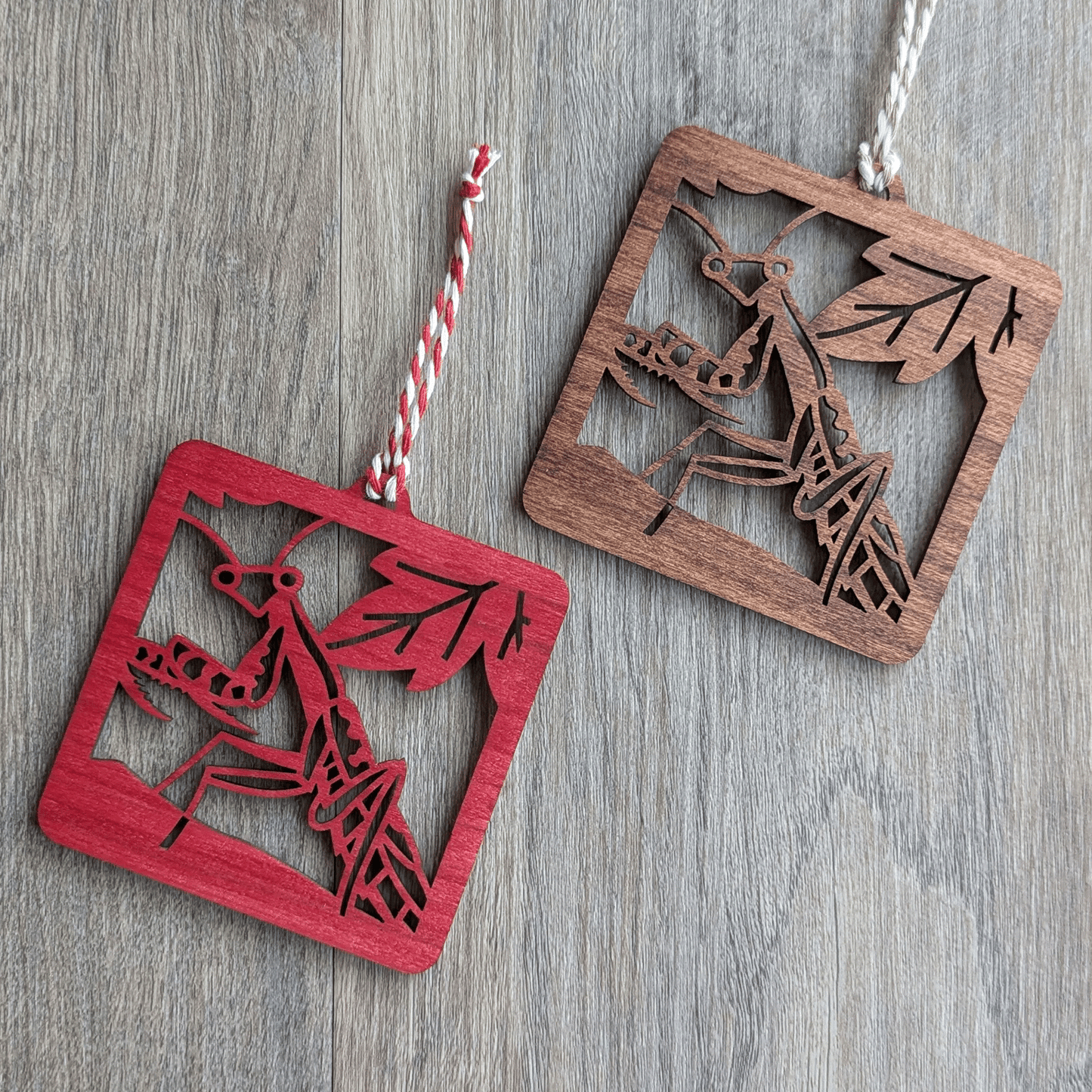 Two square wooden ornaments of a Carolina mantis, one red and one brown.