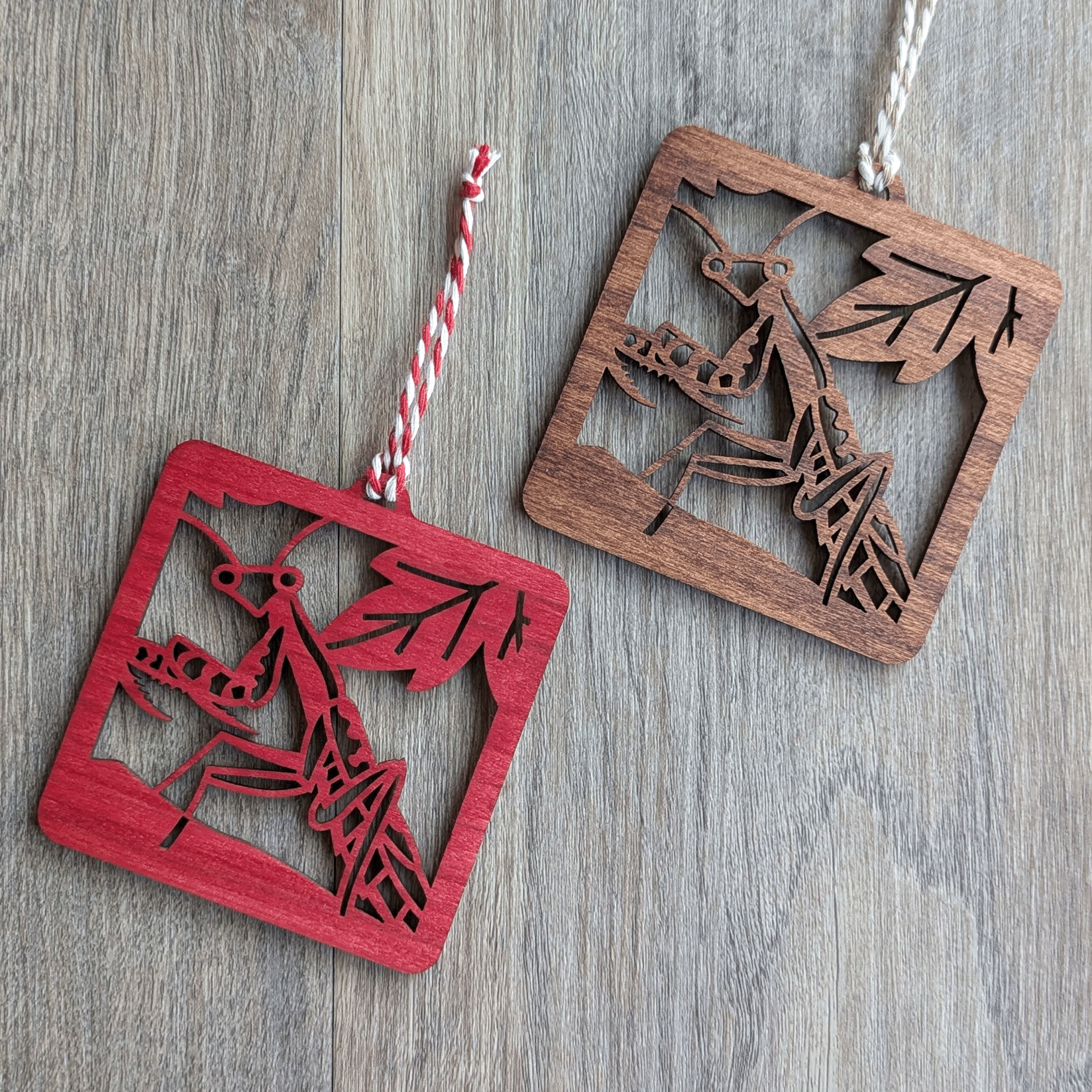 Two square wooden ornaments of a Carolina mantis, one red and one brown.