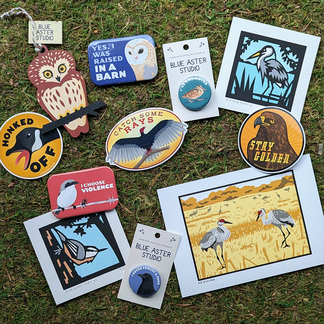 A collection of gift items and art celebrating birding and ornithology, with illustrations of bird species such as a shrike, Canada goose, barn owl, great blue heron, sandhill crane, nutchatch, and more.