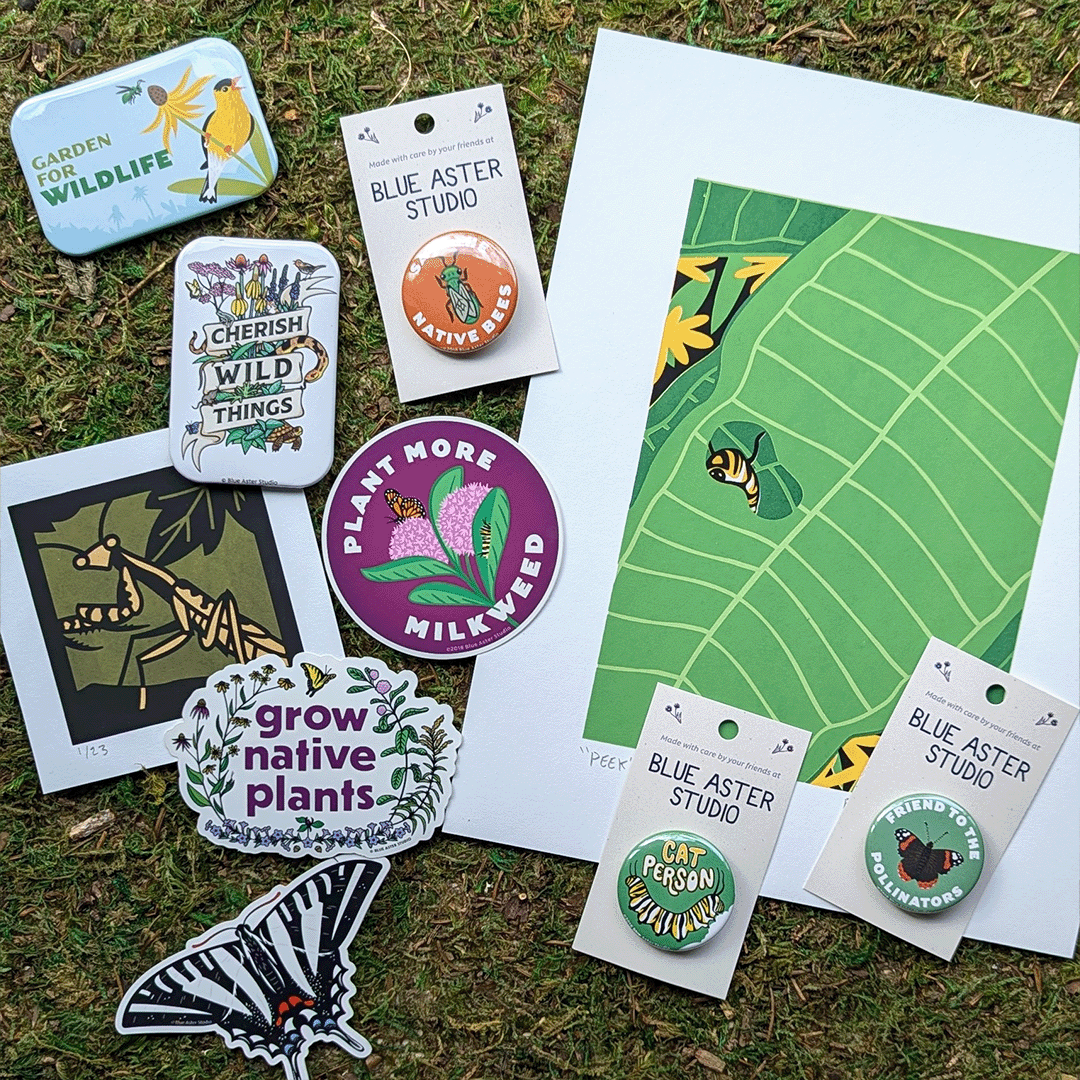 A collection of art prints, stickers, magnets, and pinback buttons celebrating native insects and plants.