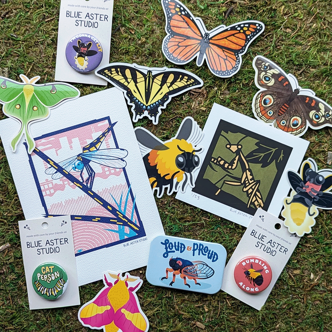 A collection of stickers, buttons, magnets, and art prints featuring colorful insect illustrations.