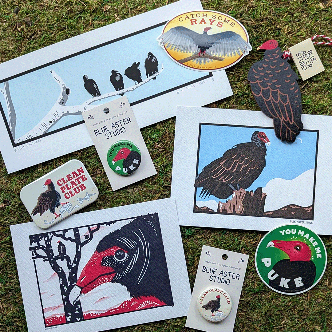 A collection of art and gifts featuring turkey vultures and black vultures.