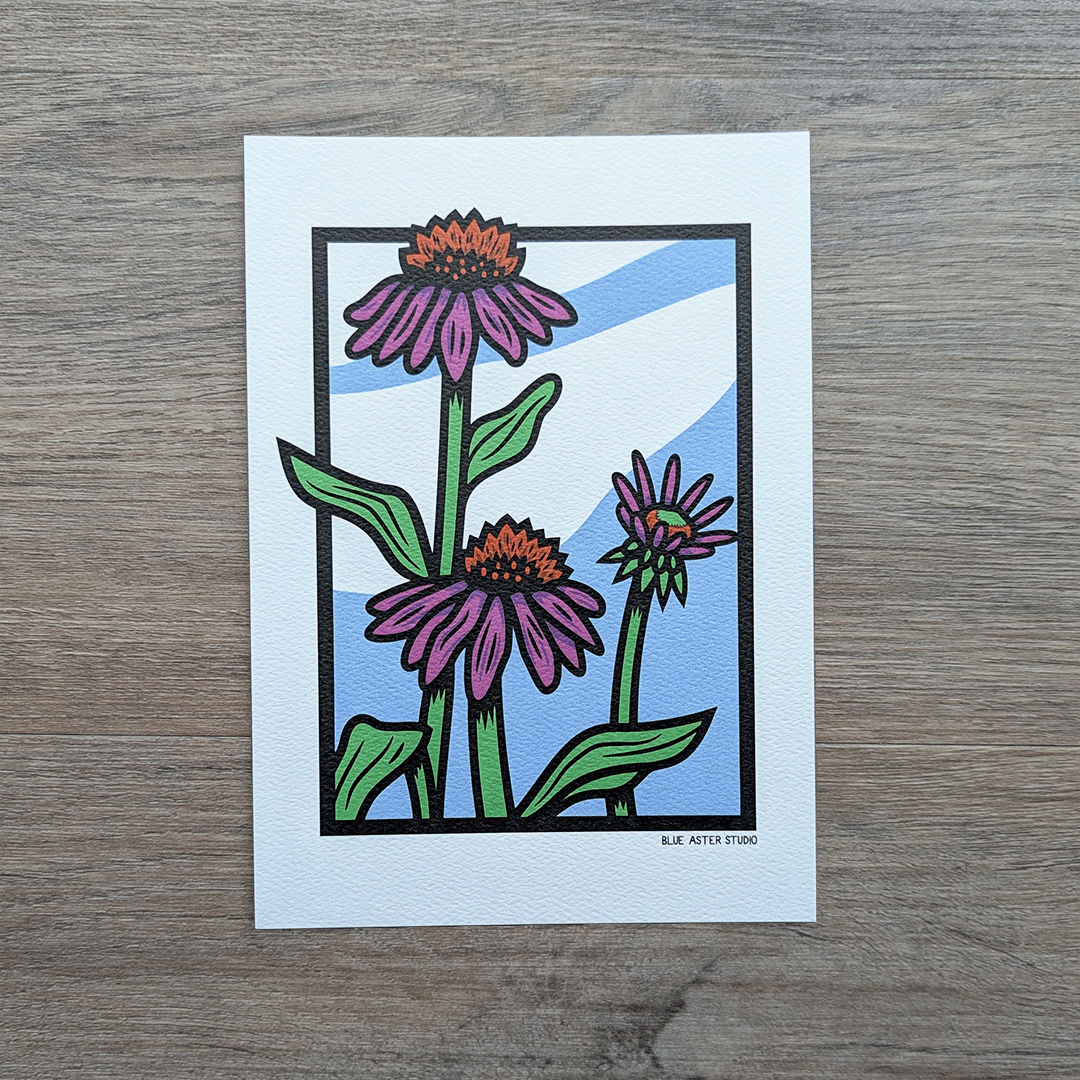 An illustration of three echinacea flowers against a blue sky with wispy clouds
