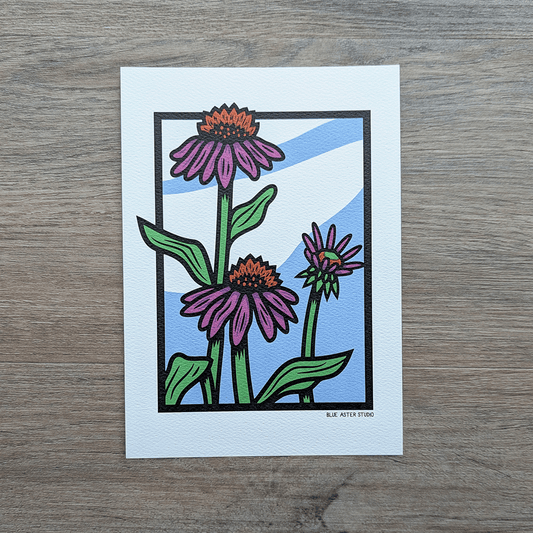 An illustration of three echinacea flowers against a blue sky with wispy clouds