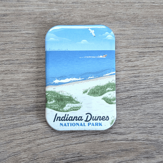 A rounded rectangle shaped magnet with an illustration of a beach with waves lapping the shore, a red boad speeding along thewater, and a gull circling above. The Chicago skyline sits on the horizon and the text Indiana Dunes National Park is set at the bottom.