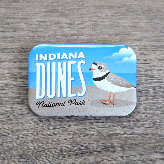 A rectangular magnet with rounded corners featuring an illustrated plover, a tan and white bird with bold black neck band, standing on a beach. The text Indiana Dunes National Park is next to it.