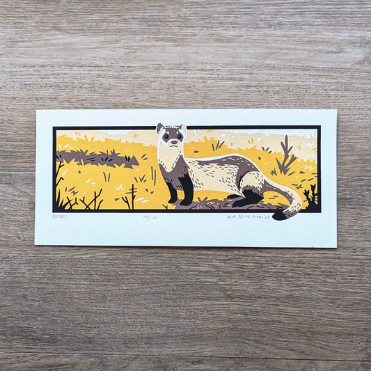 An original screen print of a black-footed ferret printed in four colors.
