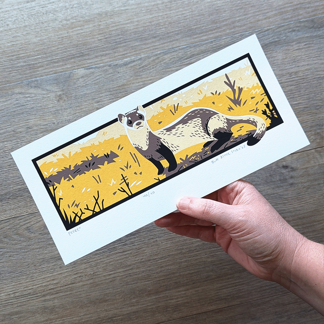 The black-footed ferret artwork being held in a hand to show the 4.5 inch x 10 inch scale.