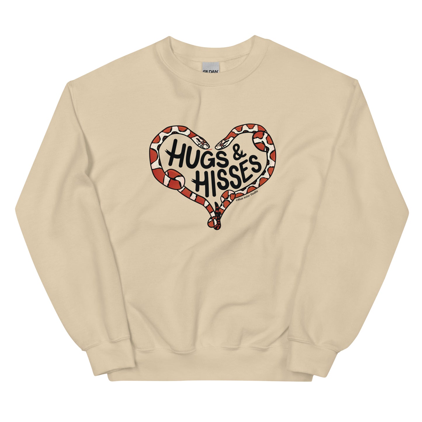 A tan sweatshirt with a pair of illustrated corn snakes forming a heart around the text "Hugs and Hisses"
