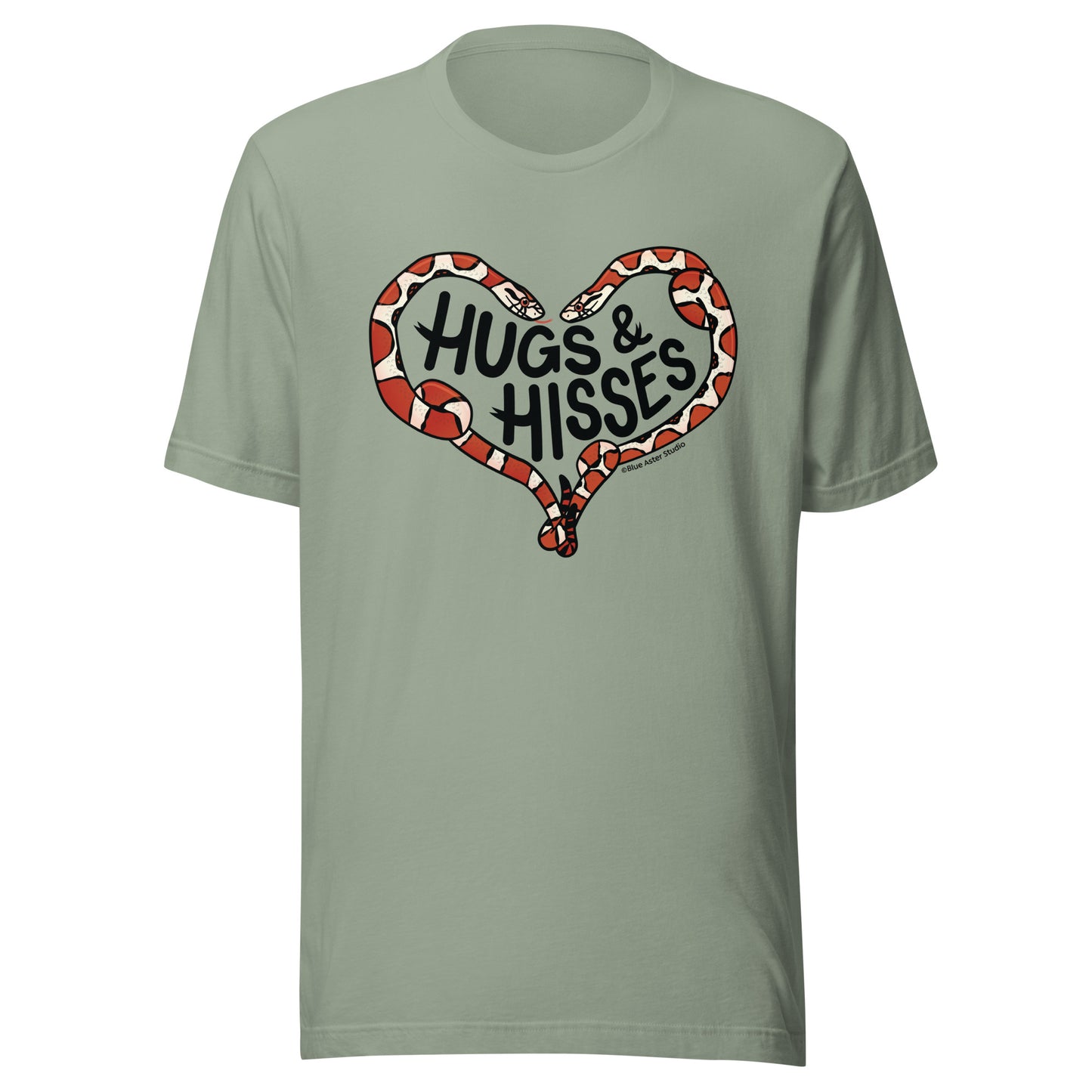 A sage green t-shirt with a pair of illustrated corn snakes forming a heart around the text "Hugs and Hisses"