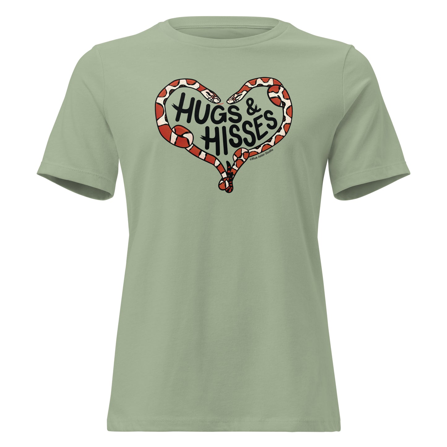 A sage green t-shirt with a pair of illustrated corn snakes forming a heart around the text "Hugs and Hisses"