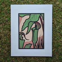 Load image into Gallery viewer, Screen printed illustration of two jack-in-the-pulpit flowers under their large leaves. Print sits on a mossy green background.