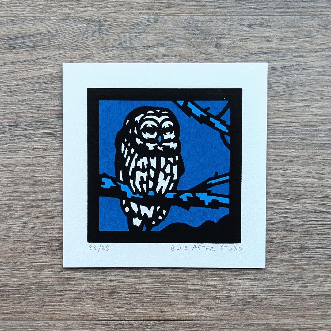 A 4x4 inch handmade screen print of a barred owl in a tree printed in two tones of blue and black.
