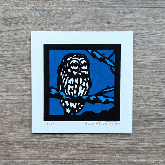 A 4x4 inch handmade screen print of a barred owl in a tree printed in two tones of blue and black.