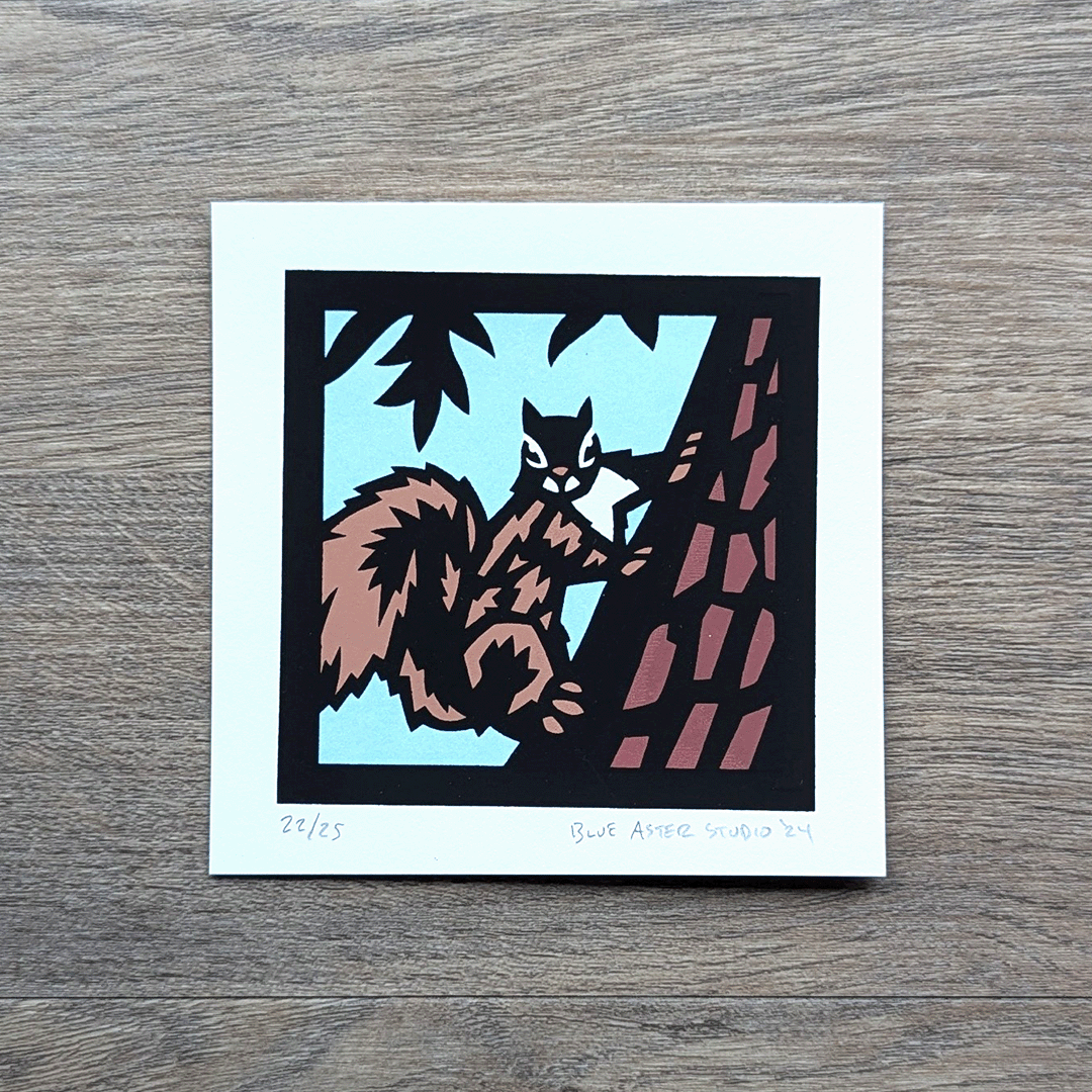 A screen print of a squirrel on a tree.