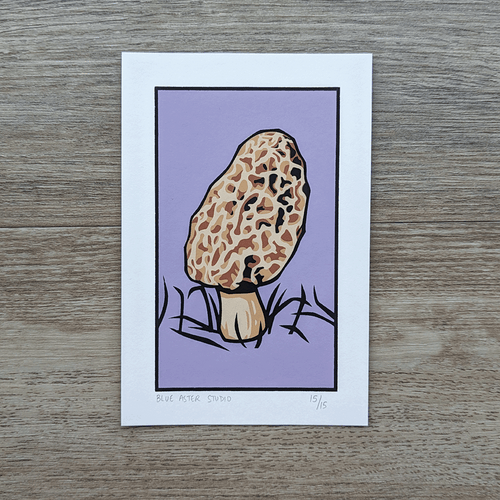 An original screen print of an illustration of a morel mushroom with a purple background.