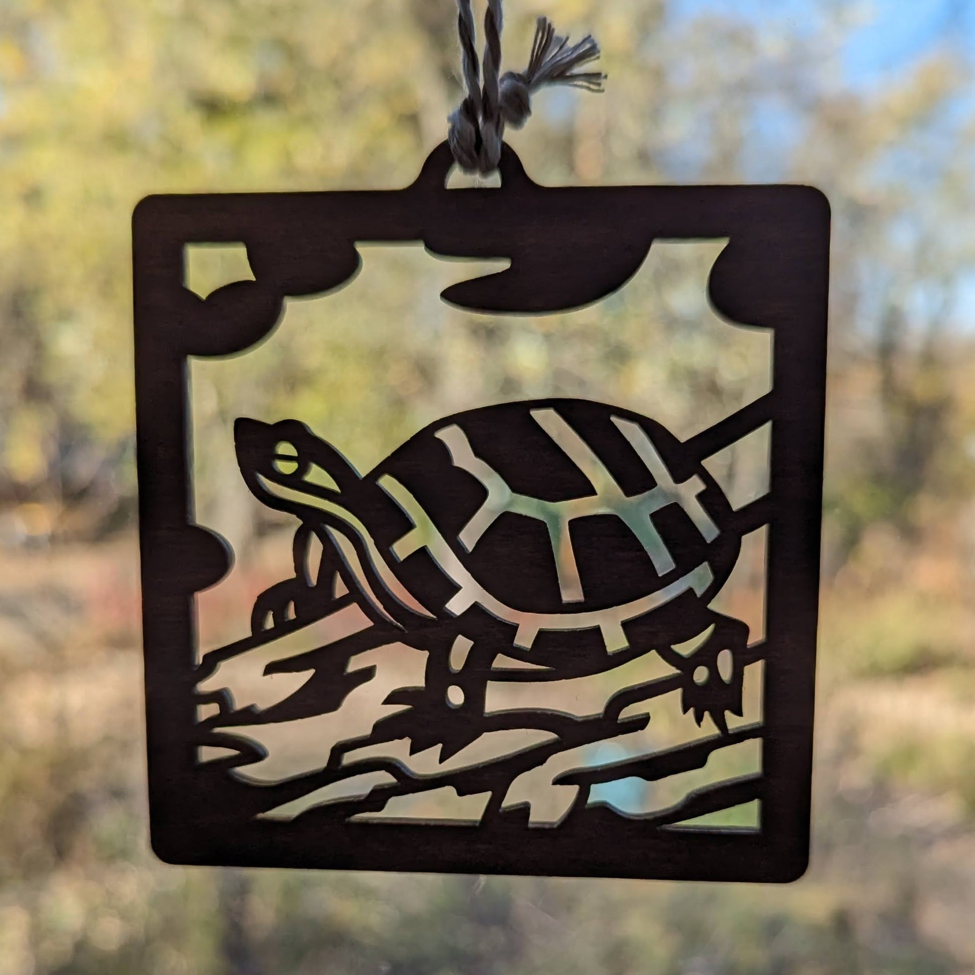 The brown turtle ornament in silhouette in front of a window.