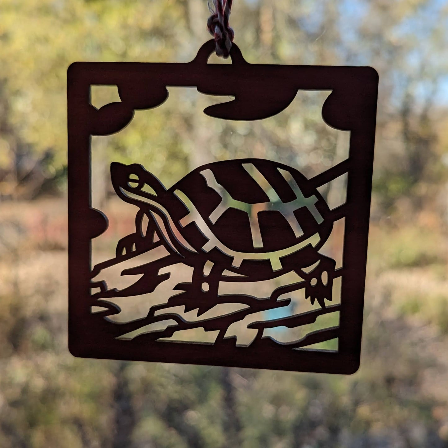 The red turtle ornament in silhouette in front of a window.